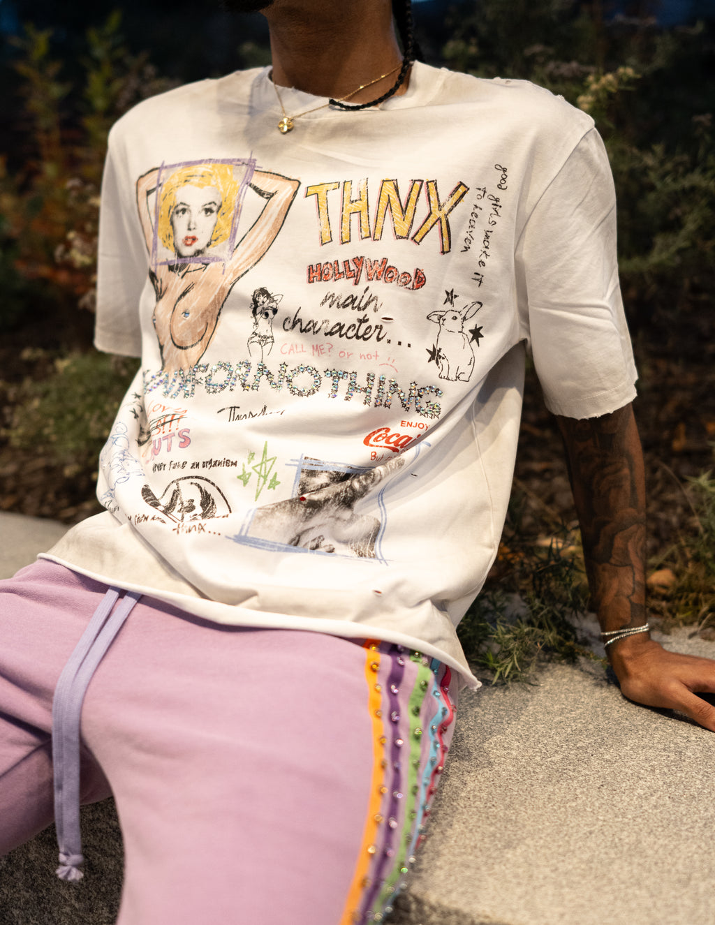 THNX HOLLYWOOD RHINESTONE TEE WHITE/GREY