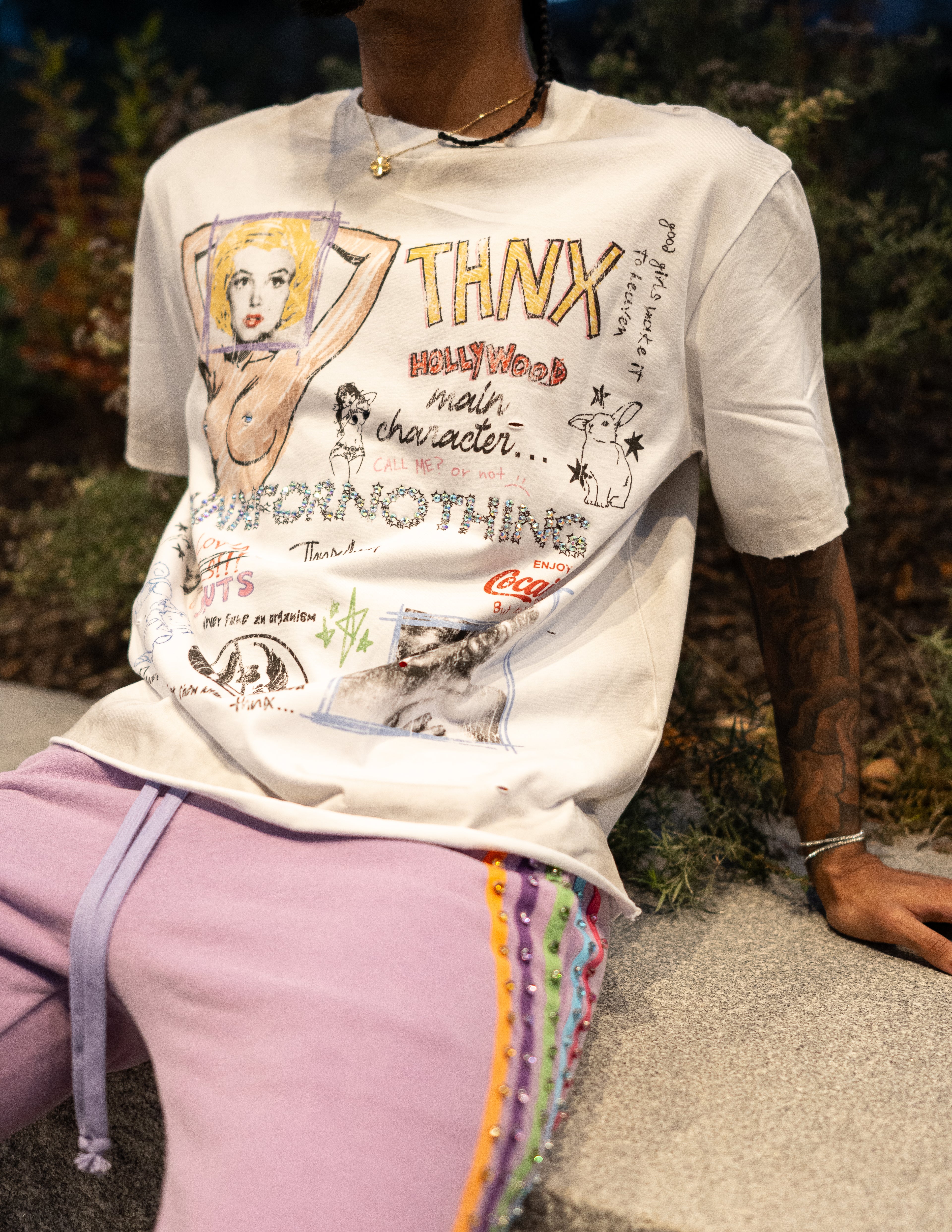 THNX HOLLYWOOD RHINESTONE TEE WHITE/GREY